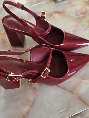Wild Diva Patent Burgundy Pointed Toe Block Heel Slingbacks